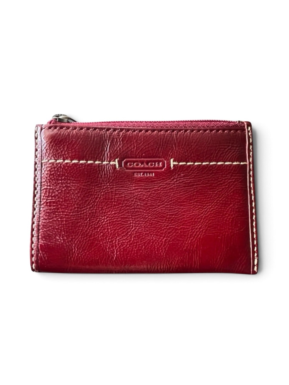 Coach Legacy Crimson Red Patent Leather Contrast Stitch Card Coin Pouch